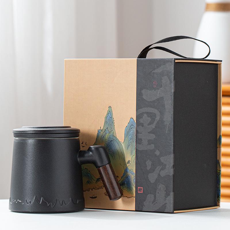 Hand-Painted Ceramic Office Mug: Distant Mountains Design, Teacup with Separate Brewing Chamber, Ideal for Water or Tea - Perfect Business Souvenir.