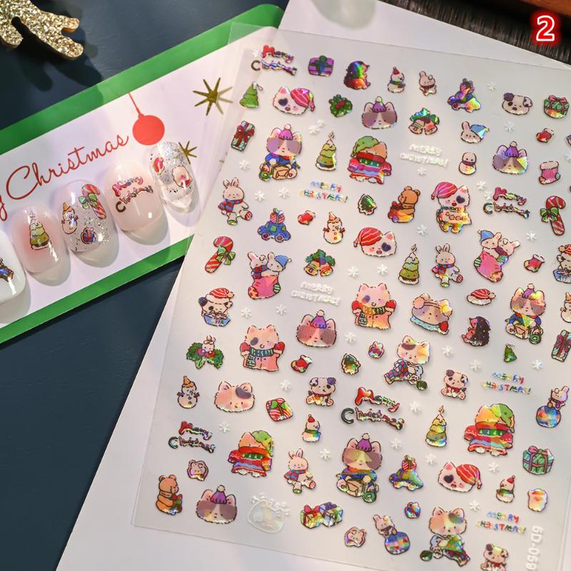 5D Laser Relief Weihnachts-Nagelsticker Schneeflocken Weihnachtsmann Elch Weihnachtsbaum Nagelaufkleber Geprägt Winter Weihnachten Maniküre Set