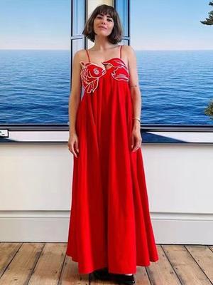 Red Embroidery Fish Shaped Women Dresses Loose Sling Sleeveless Backless Pleated Summer Party Holiday Lady Robe