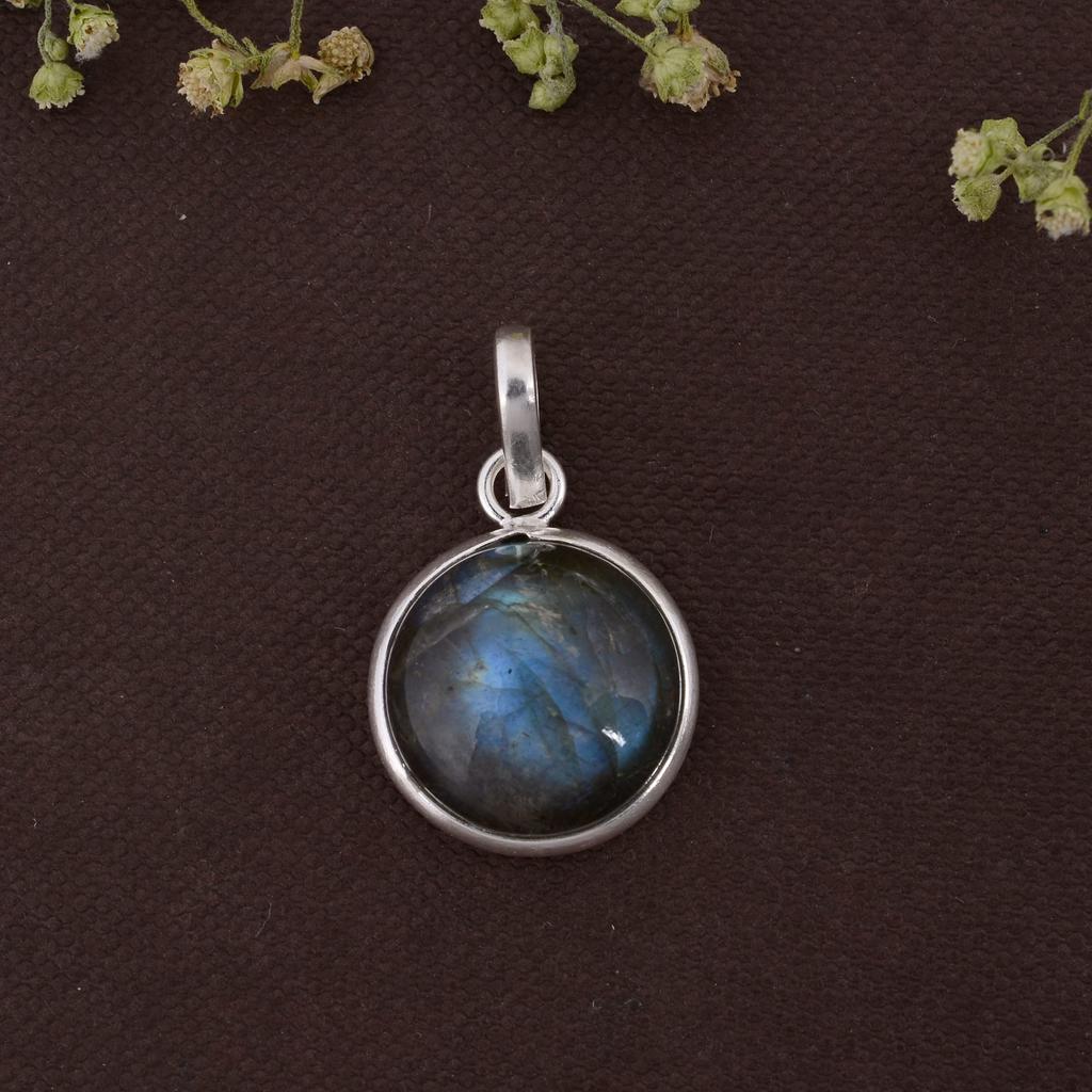 Labradorite Pendant Round Cabochon Solid 925 Sterling Silver Gemstone Pendant without Chain Jewelry For Women or Girls - 2.45 Gms