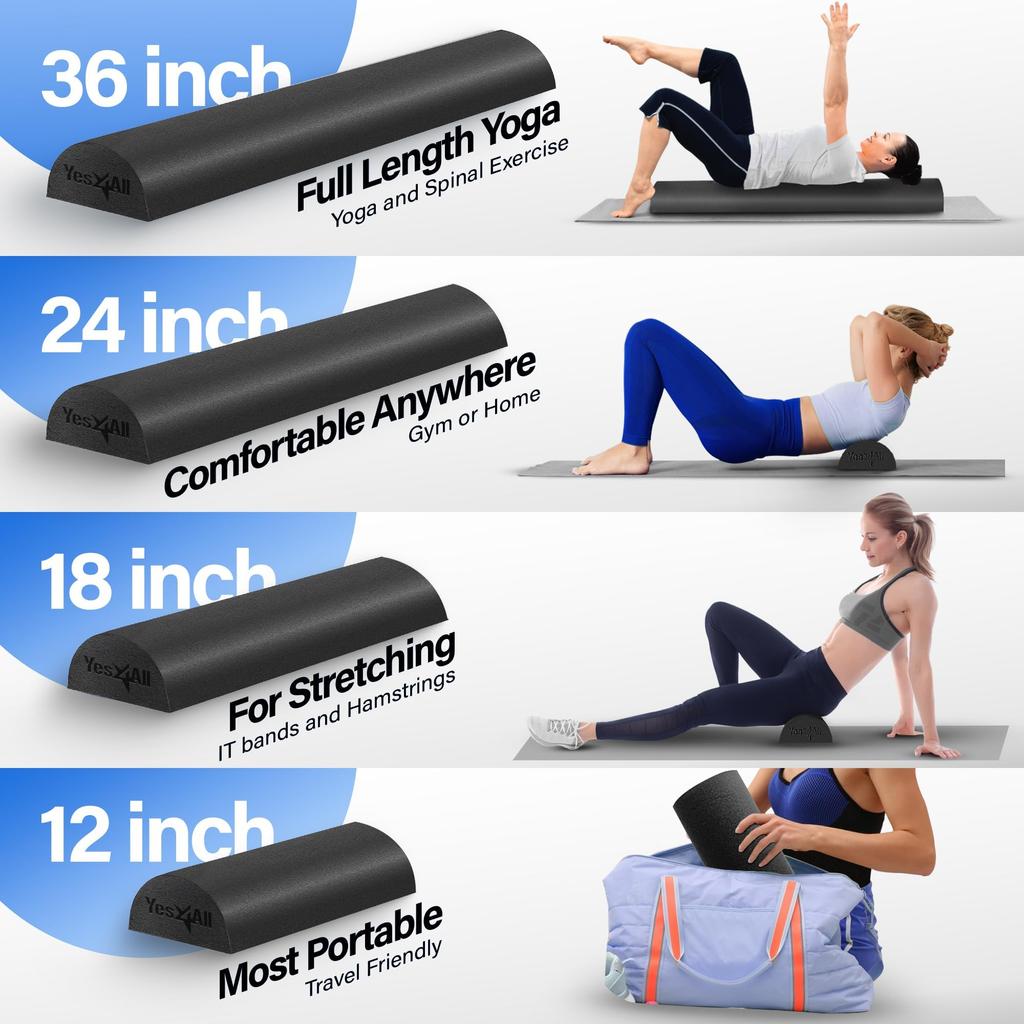 Yes4All Medium Firm Half Foam Roller for Post-Workout Relaxation, 30/45/60/90cm PE Foam Roll for Back Massage and Yoga Exercises