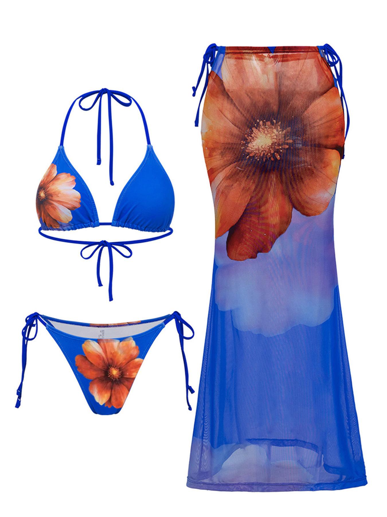 Popular Split Three-Piece Neck Hanging Sexy Positioning Printed Long Dress Bikini Swimsuit Women S