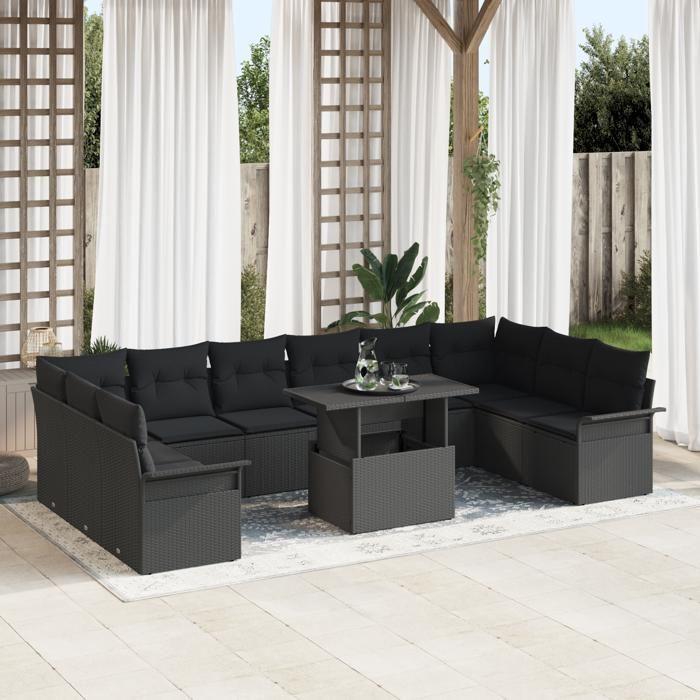 VidaXL Ensemble de canapés de jardin 11 pièces avec coussins en poly rotan noir 3348359