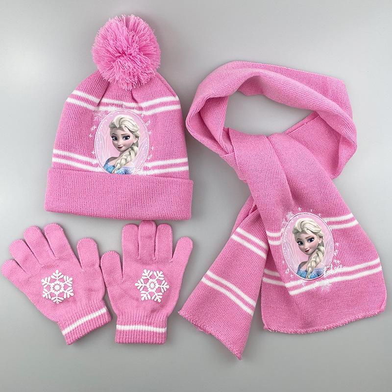 Princess Snowflake Knit Hat, Scarf, and Gloves Set for Girls – Winter Warmth with Cartoon Design
