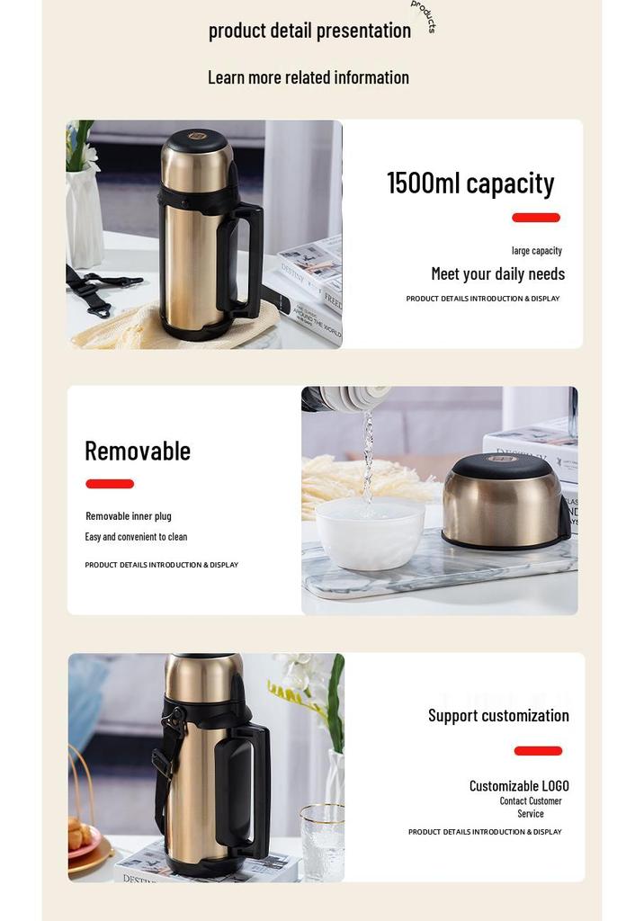 1500ML Portable Stainless Steel Thermos Flask for Home, Car, and Outdoor Use