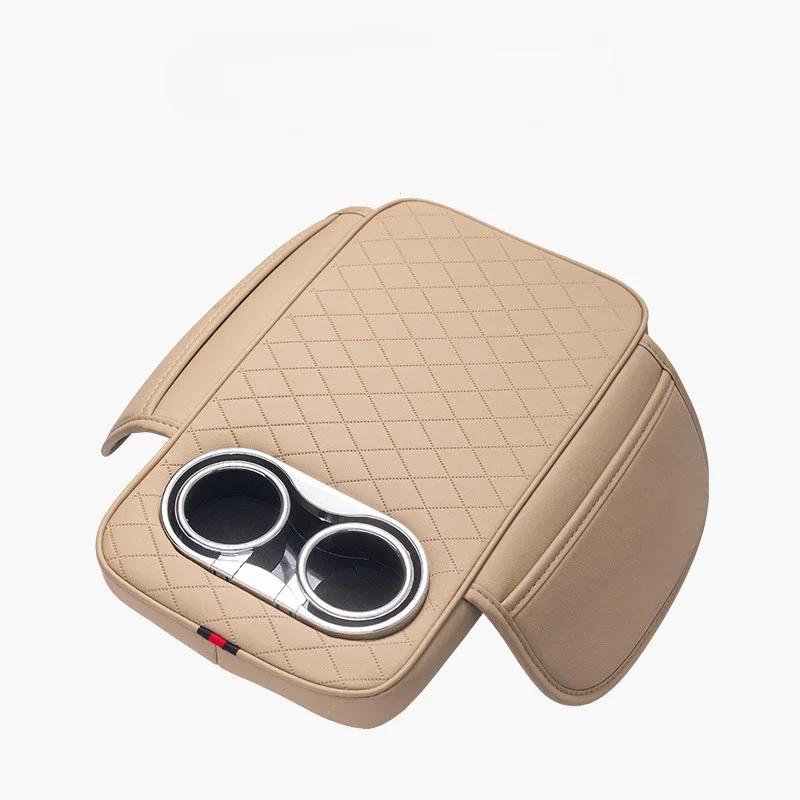 Polštářek na opěrku ruky středové konzole auta z PU kůže se 2 držáky na nápoje a boční kapsou Zvýšená podložka do auta Potah na opěrku ruky do auta