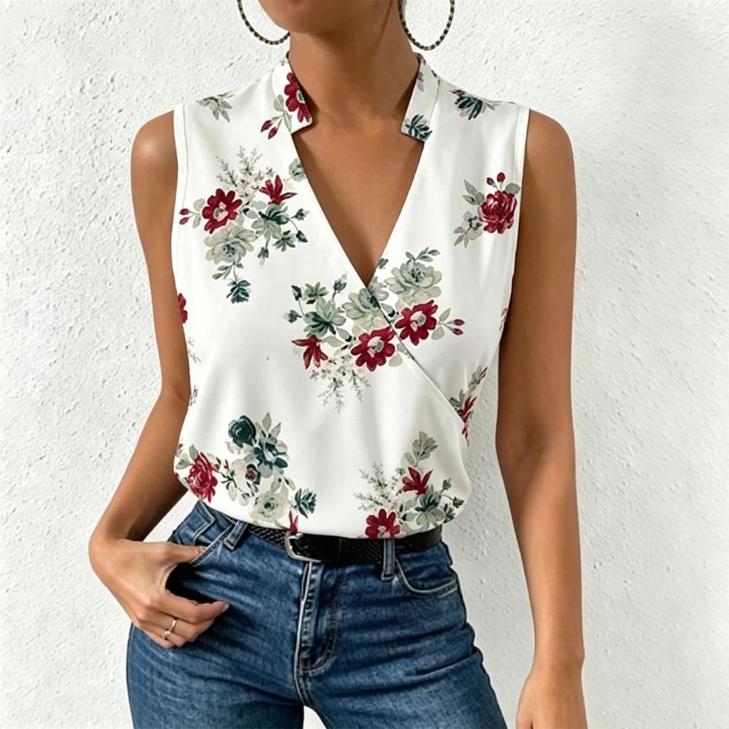 Women Sleeveless V Neck Casual Pullover Digital Print Top Blouse Lightweight Summer Shirt