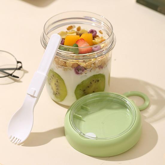 Tragbares Overnight Oats Glas mit integriertem Löffel & Deckel, Auslaufsichere Kunststoff-Frühstückstasse für Salat, Joghurt, Obst, BPA-freier transparenter Behälter