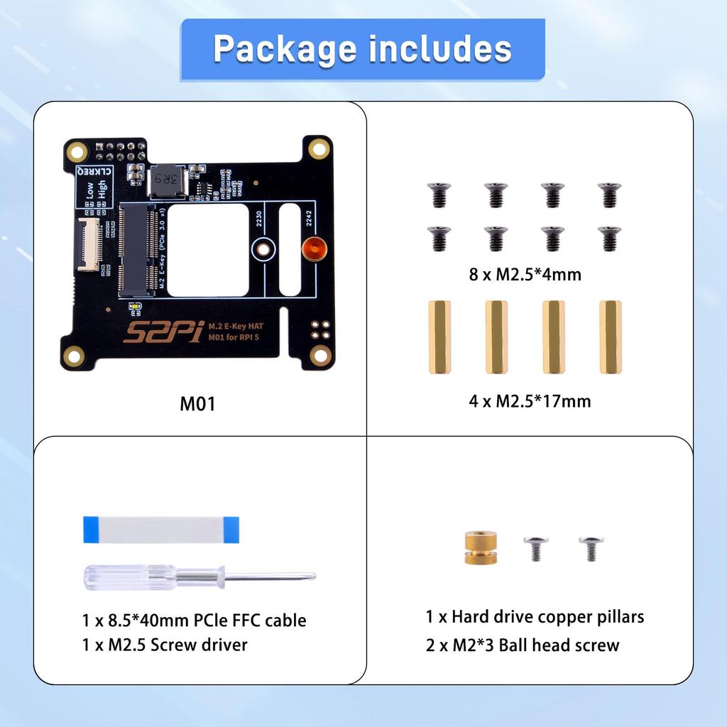 GeeekPi M01 PCIe NVMe SSD PCIe Peripheral Board for Raspberry Pi Support NVMe SSD M.2 E-Key 5, M.2 E-Key 2230/2242