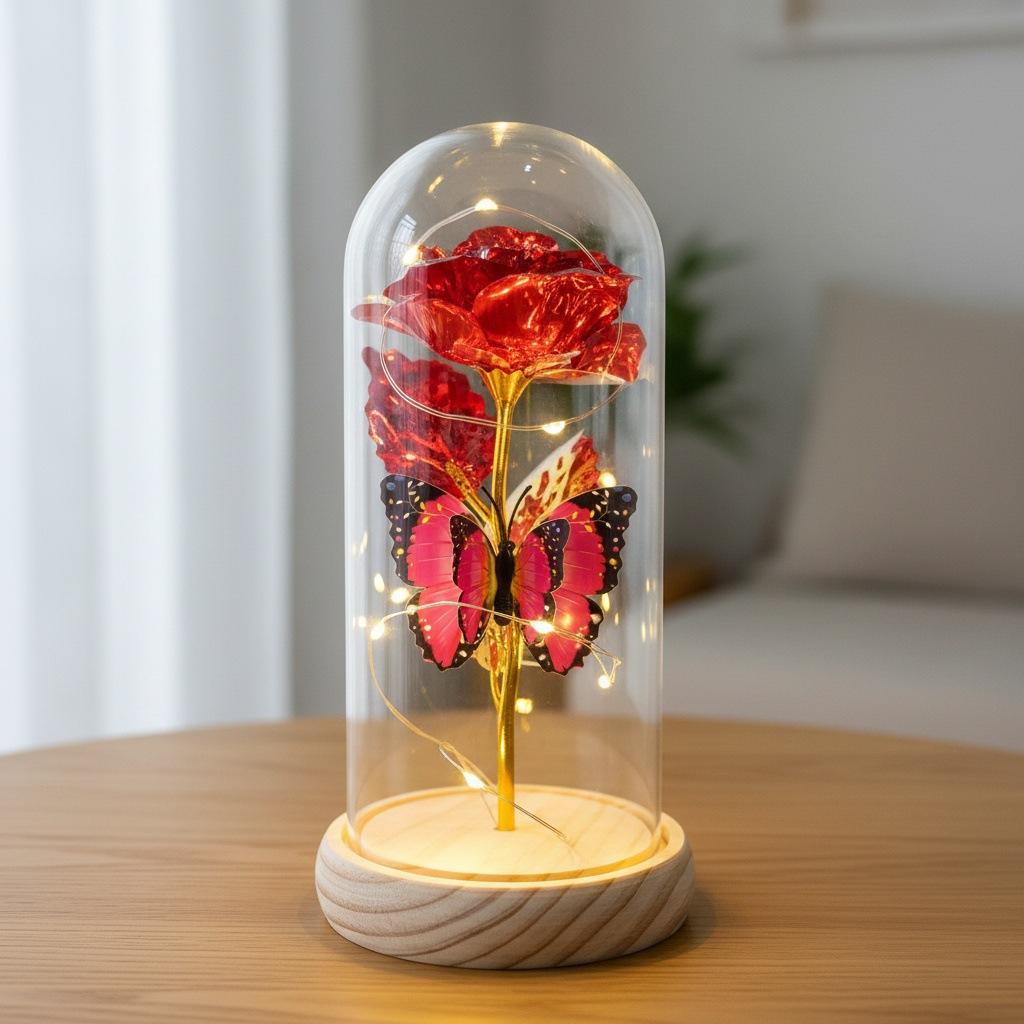 Butterfly Gold Foil Rose Immortal Flower Glass Cover Qixi Festival Valentine's Day Gift Creative Mother's Day Christmas Gift