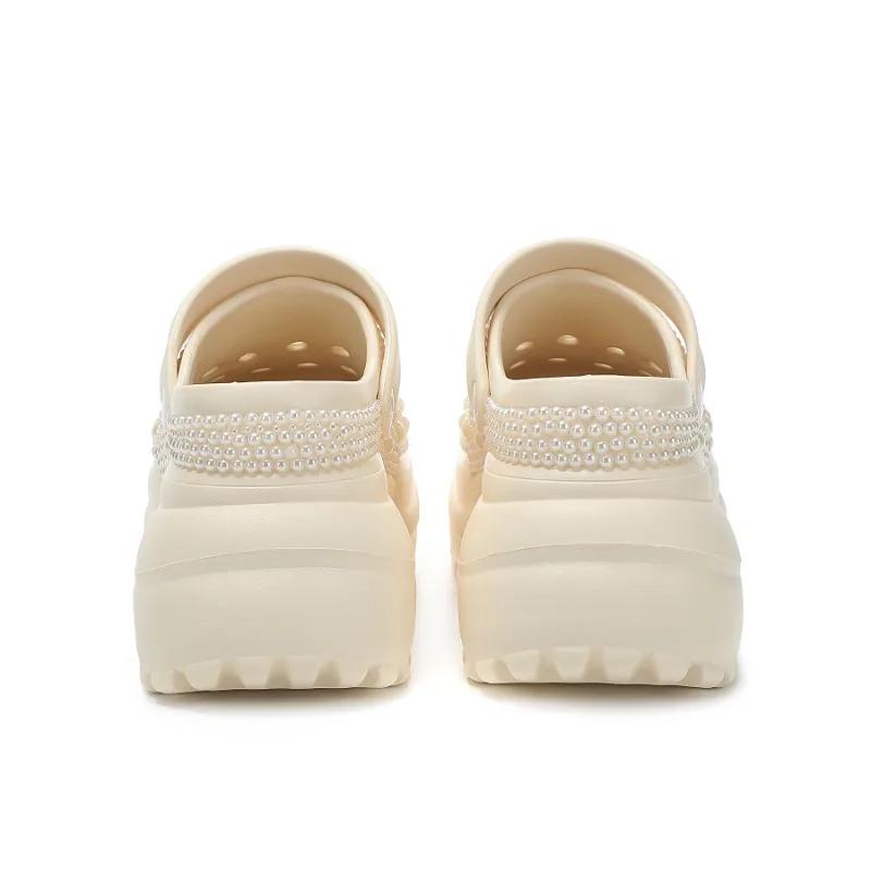 Fashion New Handmade Inlaid Pearl Thick Sole Middle Heel EVA Sandals  White Black Fashionable Women's Pearl Hollowed Out Beach Slippers