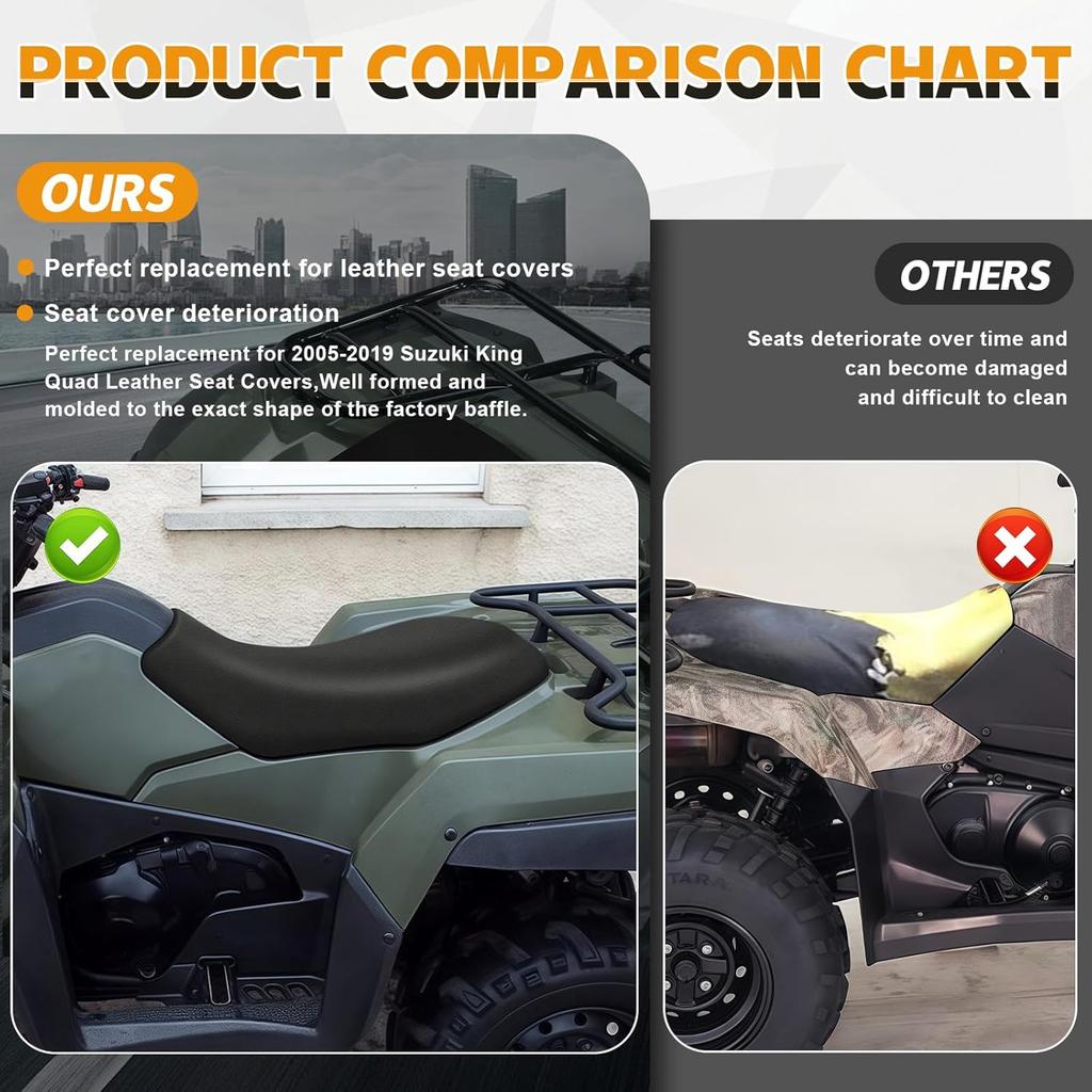 Seat Cover Replacement For 2005- Suzuki King Quad 450 500 700 750ASI LT-A700 LT-A750X 284, Heavy Duty Leather ATV Seat Cover Replacement, Black