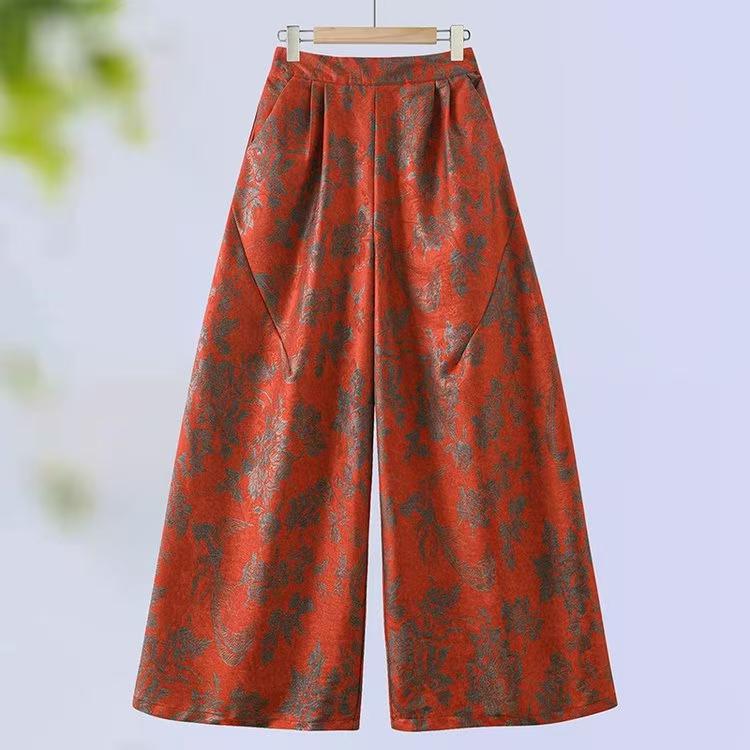 

Women s High-Waisted Jacquard Wide-Leg Pants - Retro Casual Slimming Style XL (90-115 jin) червоний