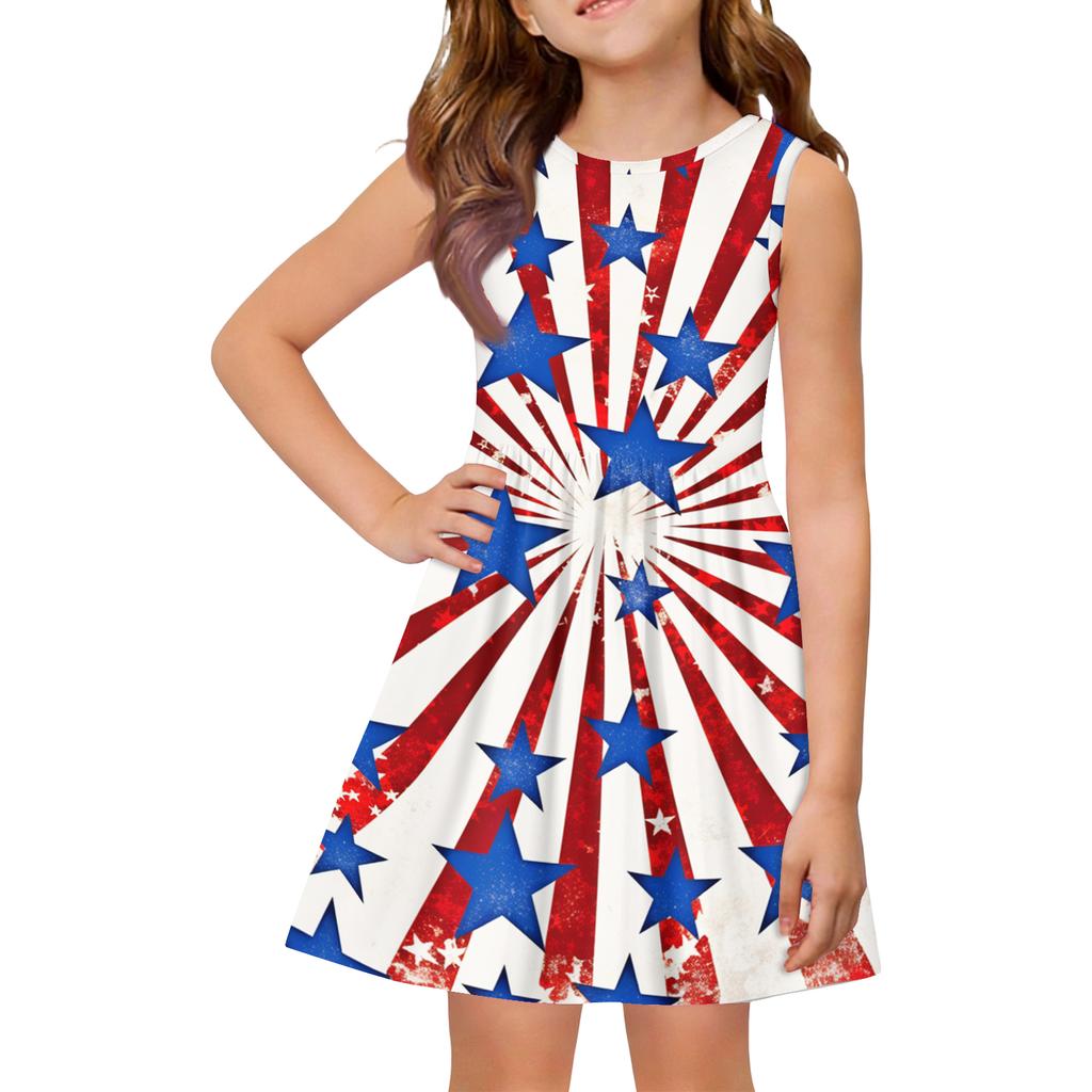 Vestido Sem Mangas para Meninas com Estampa de Estrelas e Estampa Abstrata Gola Redonda Casual Corte em Linha A Adequado para Uso Diário