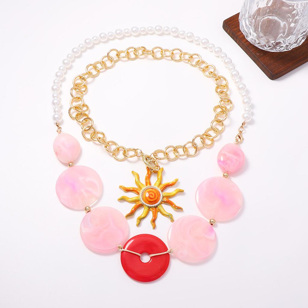 Trend niche sun pendant double layer stacking wearing contrasting color smudging geometric beaded necklace holiday travel women's