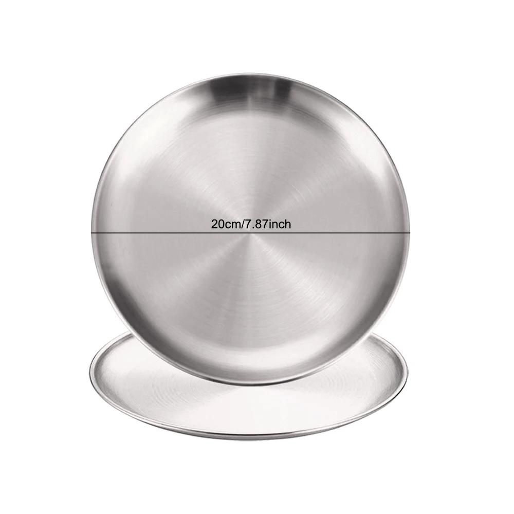 2Pcs Stainless Steels Round Silver Shallow Tray Plate Rust-Proof 14/17/20/23/26/30cm Camping Plate BBQ Picnic Dishes Cookware