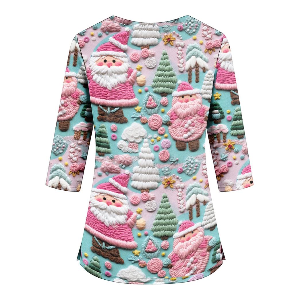 Women's Christmas Print V-Neck Work -Quarter Sleeve Caregiver Uniform Scrub Tunic