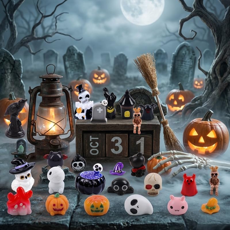 24Pcs Halloween Mini Resin Figures 24 Styles Miniature Pumpkin Skull Ghost Figurines to Hide Tiny Resin Animals for Halloween Party Favors Fairy