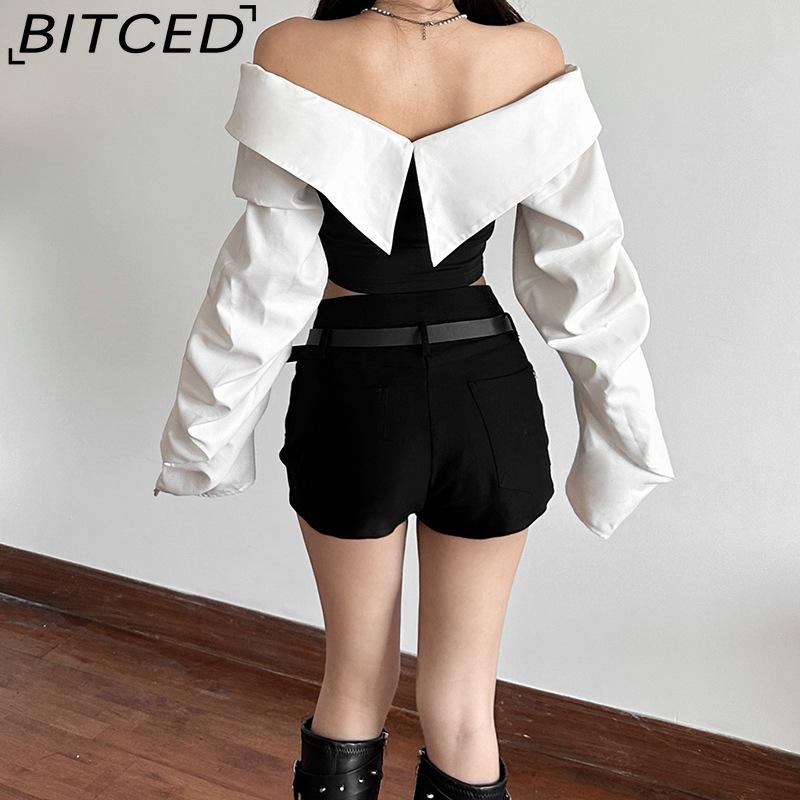BITCED Autumn Women's Solid-Colour Slim-Fit Cropped Streetwear V-Neck Long-Sleeved Top