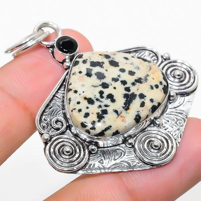 Natural Dalmation Jasper, Spinel Gemstone 925 Sterling Silver Pendant 2.17" I6k73