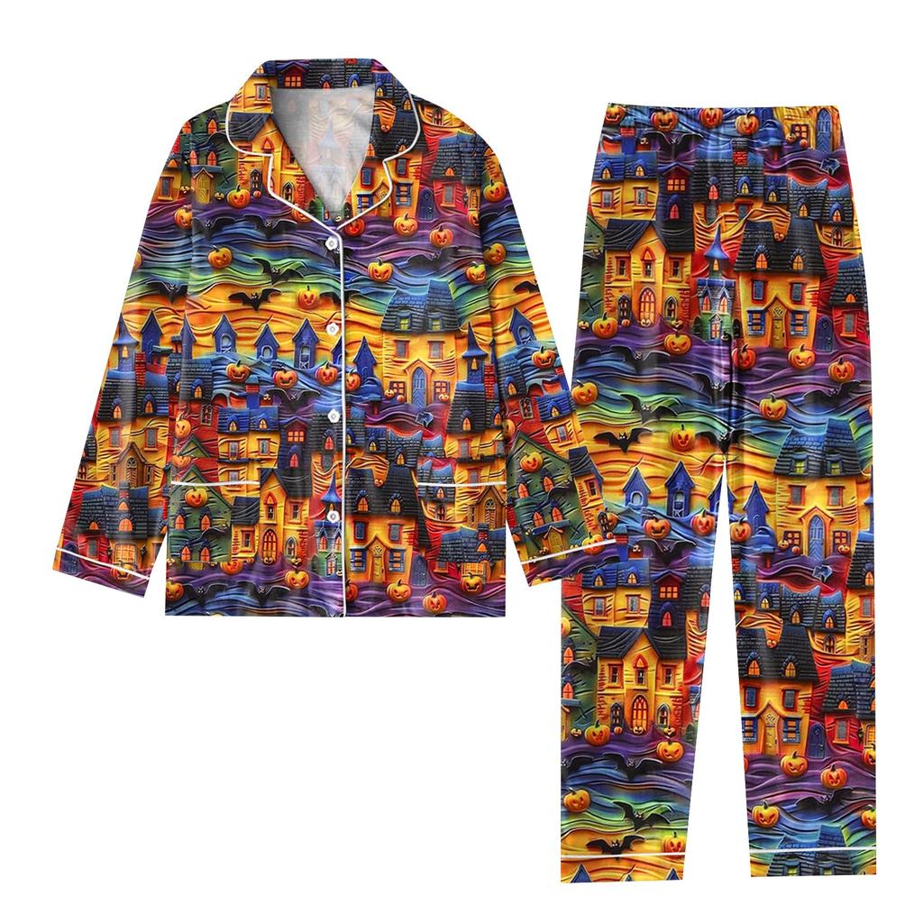 2-teiliger bedruckter Damen-Anzug, langärmelig, Oberteil mit Knopfleiste, weite Hosen, Anzug-Set, Schlafanzug, Home-Casual-Anzug