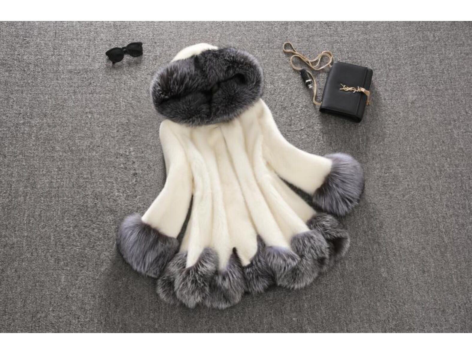 

Новое зимнее пальто с капюшоном из искусственного меха белого кролика и норки для женщин XL белый