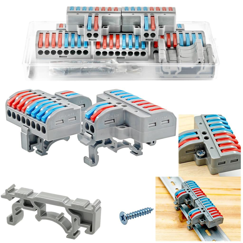 CTRICALVER Electrical Cable Clamp Terminal 14AWG Pin Quick Wire Splice Rail Screw Mount Compatible Blocks, 2.5mm², 2-8 Connectors, 5-Pack - &