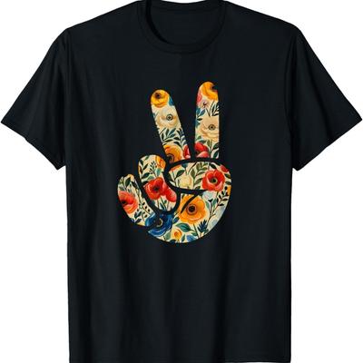 Elegant Silhouette Wildflowers Floral Peace Sign Hand T-Shirt(6)