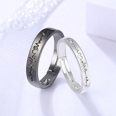2 Teile/satz Liebe Herz Elektrokardiogramm Paar Ringe Für Frauen Männer Liebhaber Hochzeit Versprechen Valentinstag Jahrestag Schmuck Geschenk
