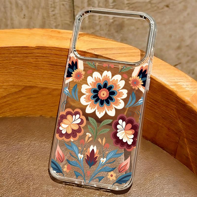 Cartoon Flowers Pattern Case For iPhone 17 Pro Max iPhone 16 15 14 13 Pro Max 11 17e 16e Plating Lens Frame Clear Soft Silicone Back Cover