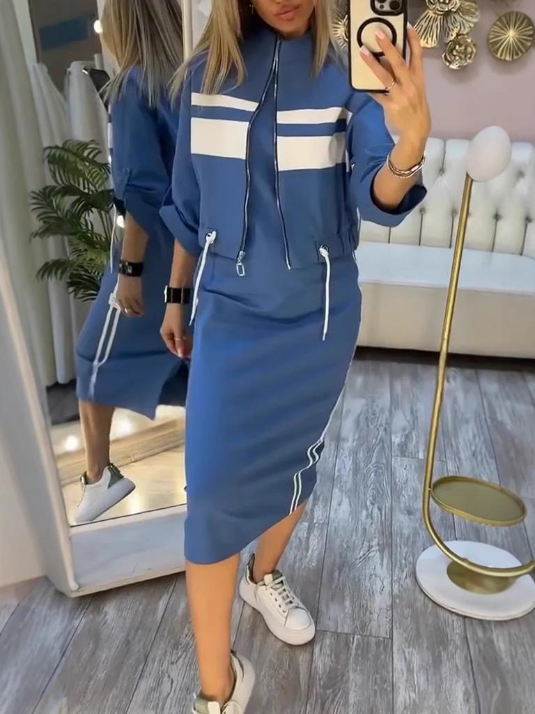 Women's Light Olive Green Short Jacket and Midi Skirt Set