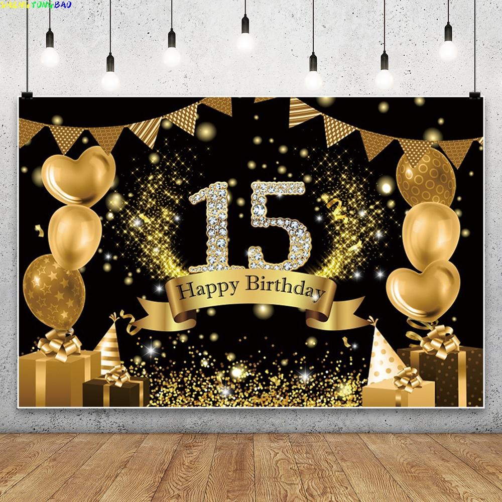 Quinceanera 15th Birthday Backdrop Girl Boy 15 Years Old Glitter Gold Balloon Fifteen Party Decoration Photo Background Props