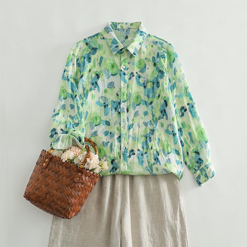 2025 Spring Green Floral Lapel Shirt for Women – Lightweight, Versatile & Loose Fit