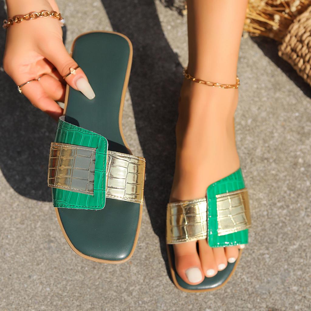 European and American Foreign Trade Large Size Summer New Slippers Casual Fashion One Word Leather Buckle Color Matching Flat Bottom Beach Slippers