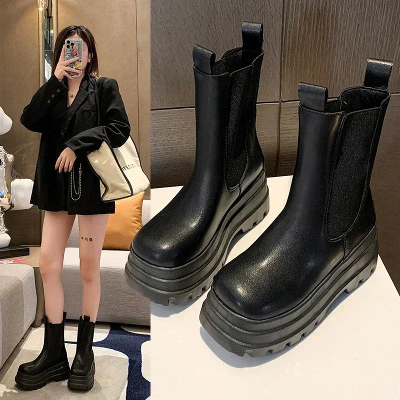 2025 Fashion New Boots Women's Shoes Fashionable and Versatile Thin Round Head Cigarette Boots Platform Shoes Outdoor Versatile