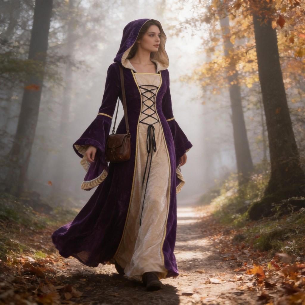 Medieval Vintage Court Dress With Velvet Fabric And Puff Sleeves For Halloween Costume Enthusiasts