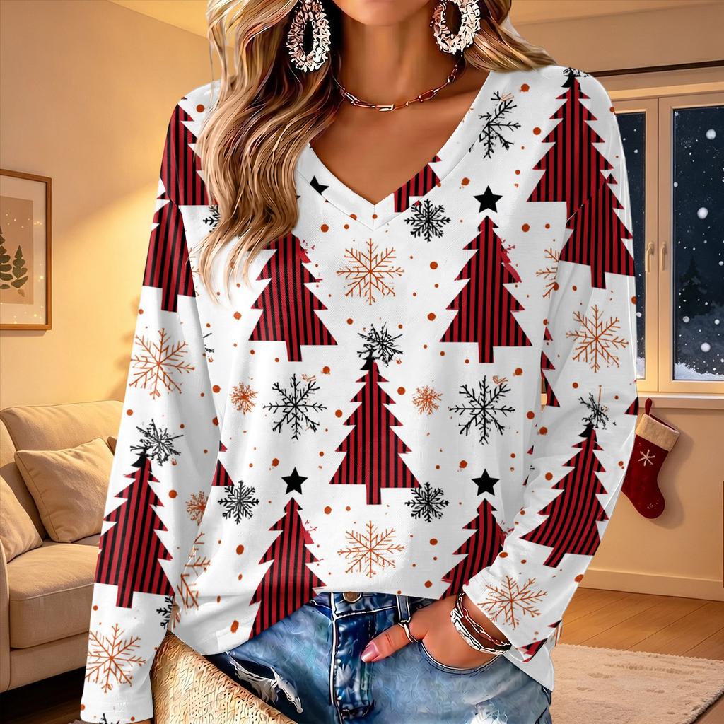 Women's V-Neck Long Sleeve Christmas Print Lightweight Blouse for Spring Summer