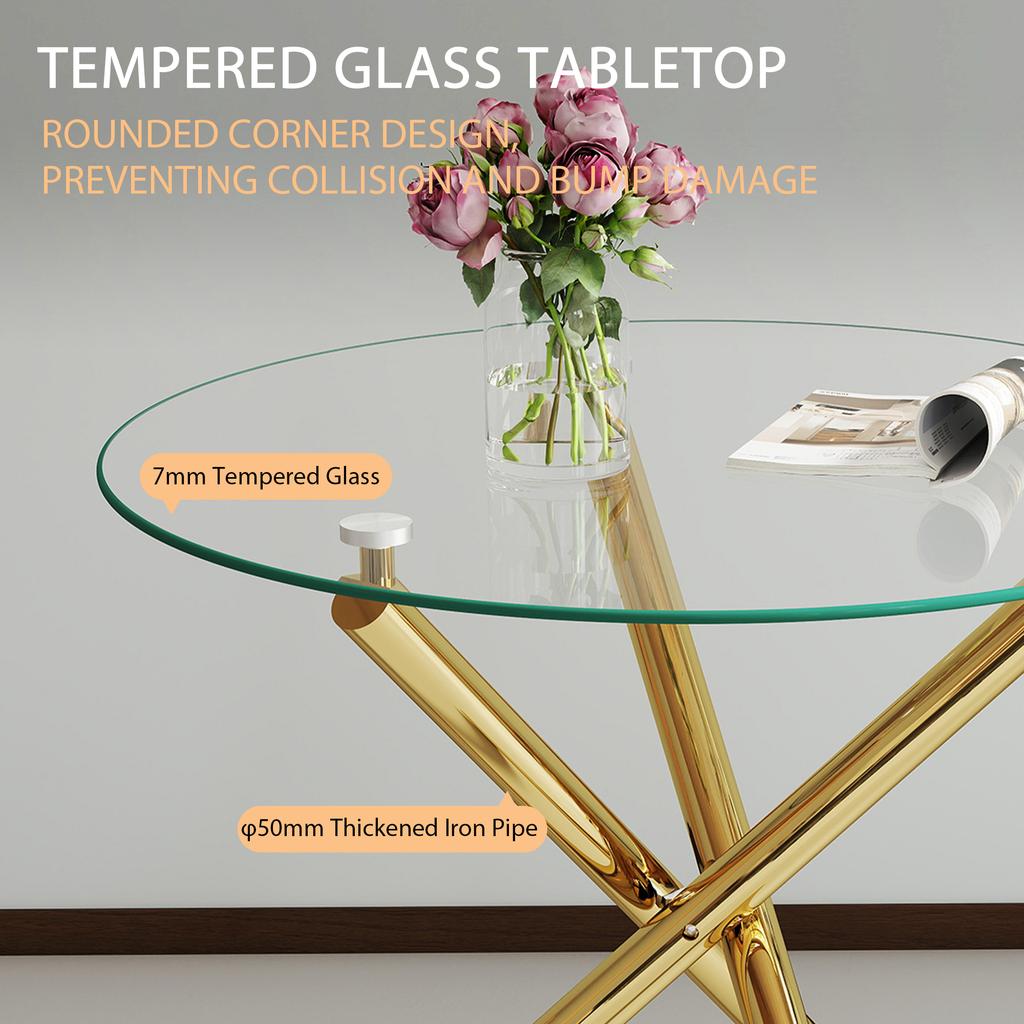 Round Dining Table with Tempered Glass Top and Gold-colored Legs, Coffee Table, Modern Minimalist Dining Table, 80 × 80 × 76 cm