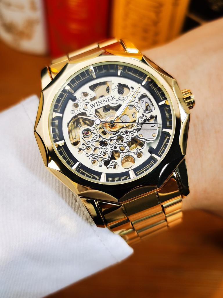 WINNER Luxury Gold Skeleton Automatic Watch for Men Luminous Pointers Royal Irregular Mechanical Watches Stainless Steel Strap