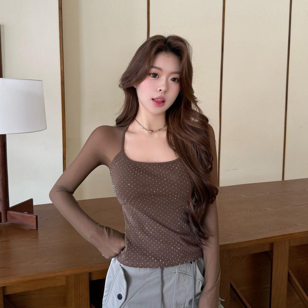 #Summer New Pure Desire Wind Full Diamond Splicing Mesh Long-sleeved T-sleeved Slim and Thin Integrated Woman with Chest Pad