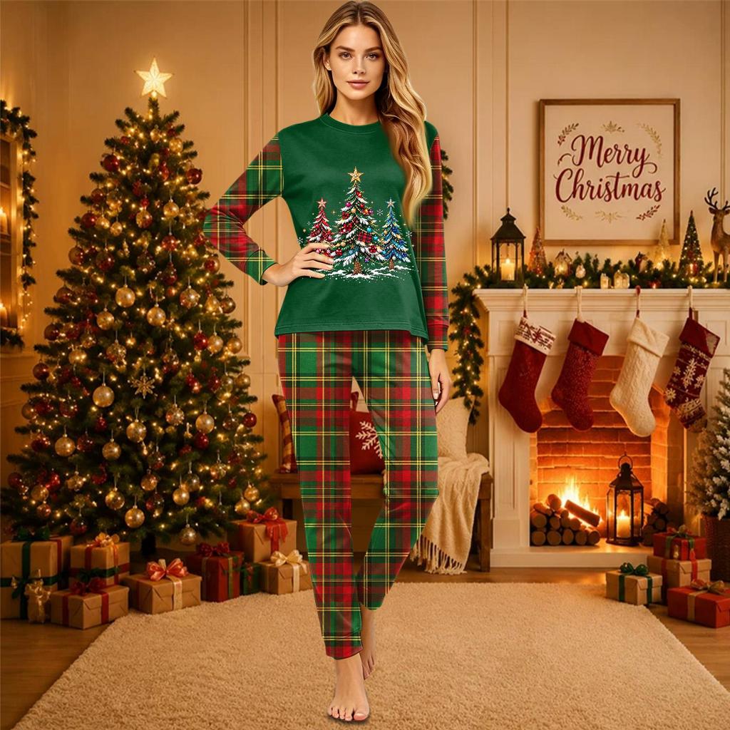 Christmas-print long-sleeve and long-pant matching family loungewear set