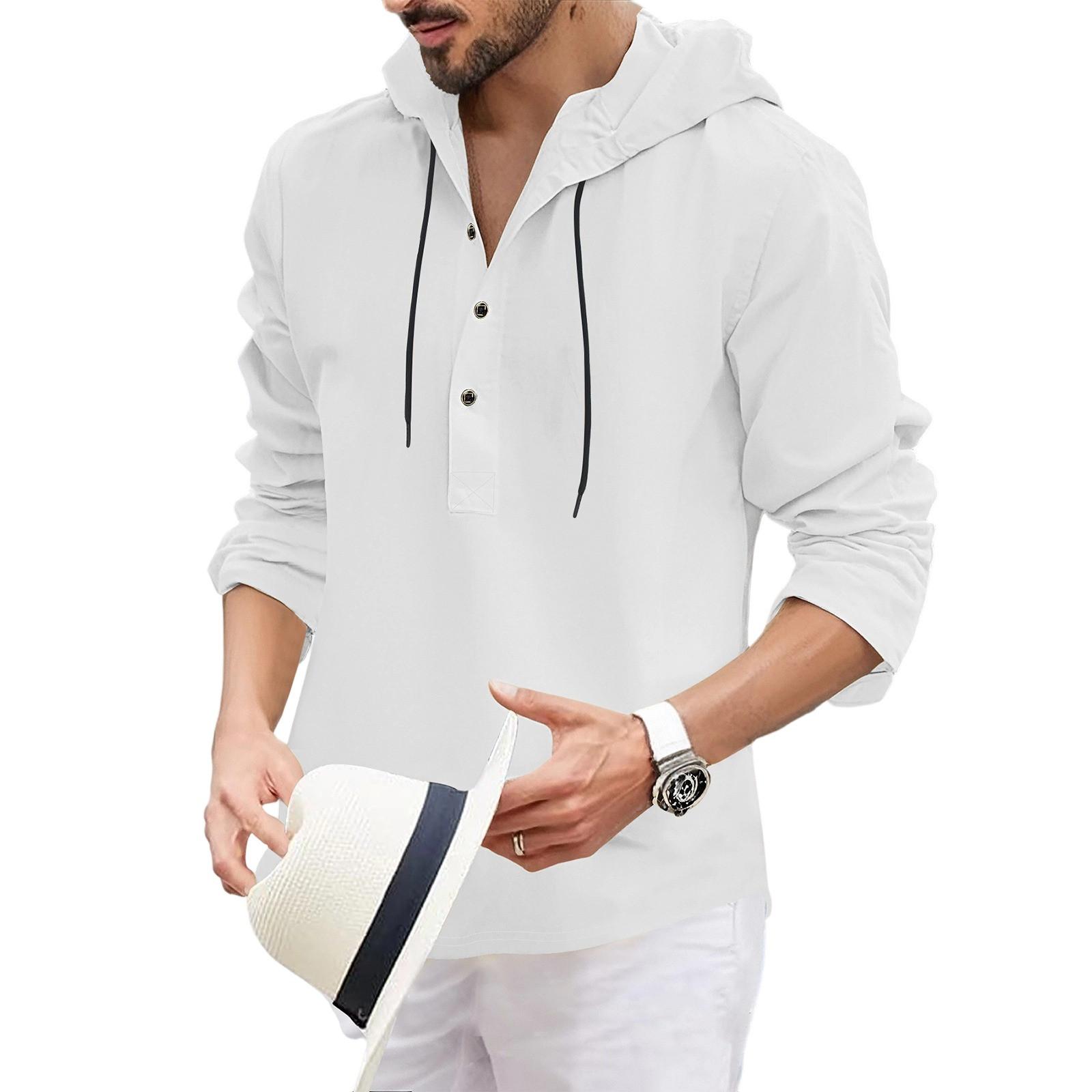 

Мужская футболка с капюшоном на пуговицах, свободная повседневная толстовка с длинными рукавами и капюшоном XL белый