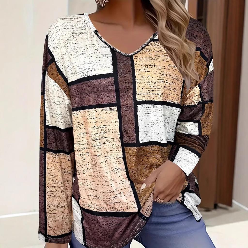 Spring Autumn Fashion Comfortable Soft V-neck Long Sleeve T-shirt Creative Geometric Figure Loose Casual Women Versatile 3D Printed T-shirt