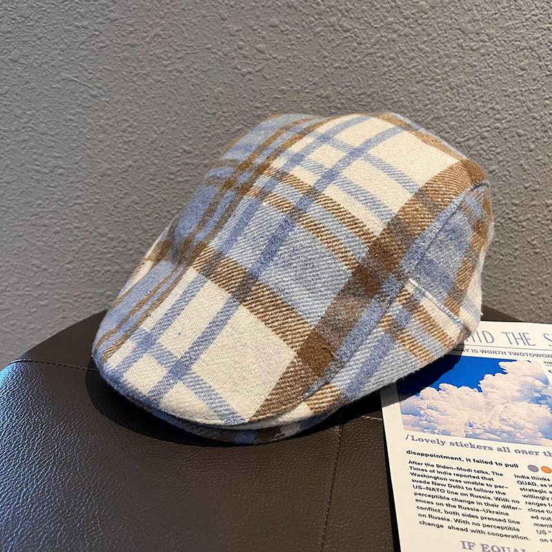 Color Clashing Grid Classic Wool Felt Newsboy Hat Color Blocking Fall Use Winter