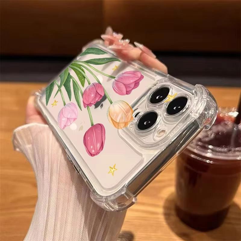 Phone Case For iPhone 17 16 15 14 13 12 11 Pro Max XR XS X 15 16 Plus 17 Air Pink Tulips Rose Flower Pattern Transparent Cover