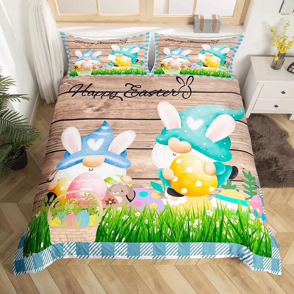 Easter Decor Rabbit Duvet Cover Colorful Flowers Bedding Set Girls Kids Room Kawaii Decor Easter Gifts Comforter Cover 2/3 Pcs
