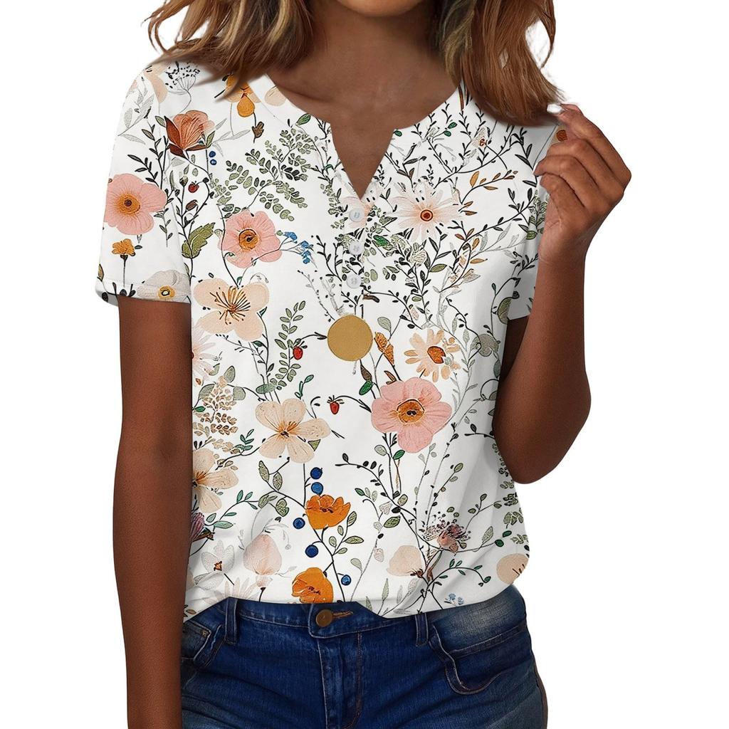 Sommer Oberteile für Damen Knopfleisten Blusen für Damen Elegant Lässig V-Ausschnitt T-Shirts
