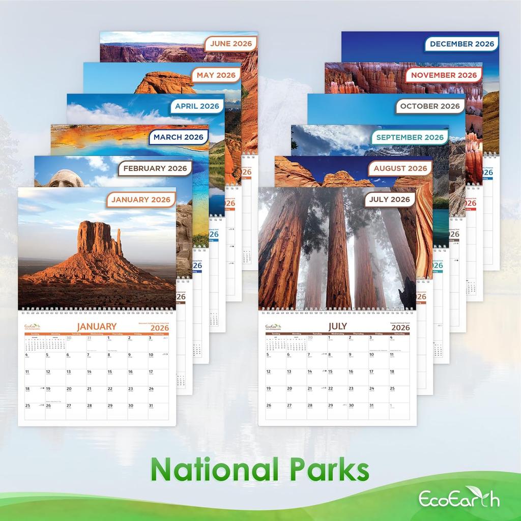 EcoEarth - Biodegradable 11x17 Inch - Open - 12-Month Vertical Hanging Wall Calendar - National Parks - 2026 Monthly Calendar