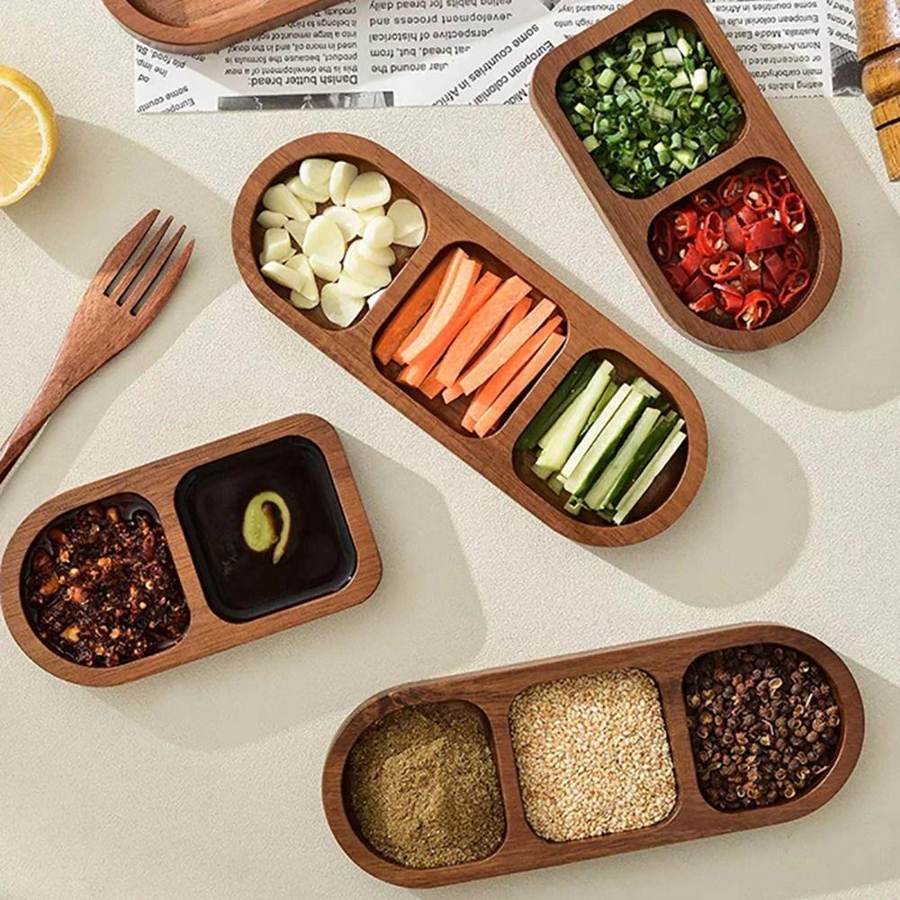 1Pcs Durable 2/3/4 Grids Solid Wood Tray Wooden Retro Seasoning Tray Food Plate Kitchen Dinner