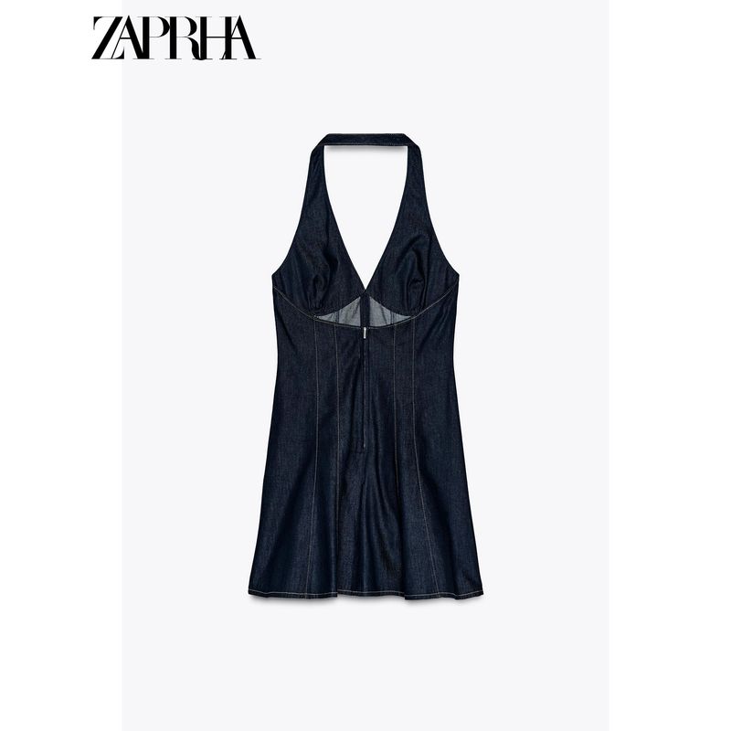 Zaprha 2025 New A Word Waist Hugging Neck Collar Cotton Denim Denim Sling Short Dress 6929086